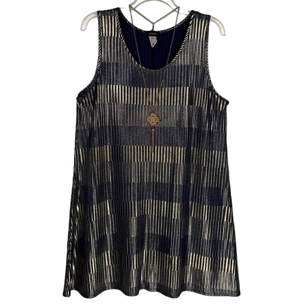 ESPRESSO | Gold Metallic Sleeveless Flare Midi‎ Dress with Necklace | Women's 3X